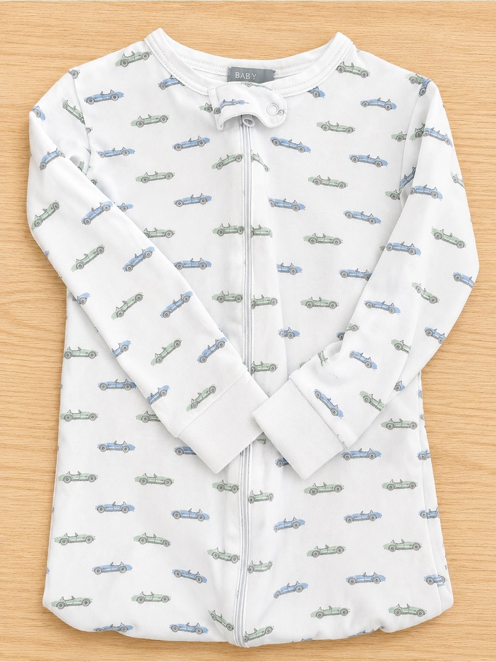 Baby Zip Front White Pajamas with Blue & Green Car Print